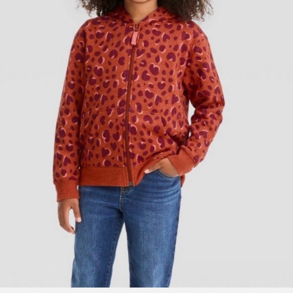 Cat & Jack Girls Leopard Heart Print Zip Up Hoodie Size L 10/12
